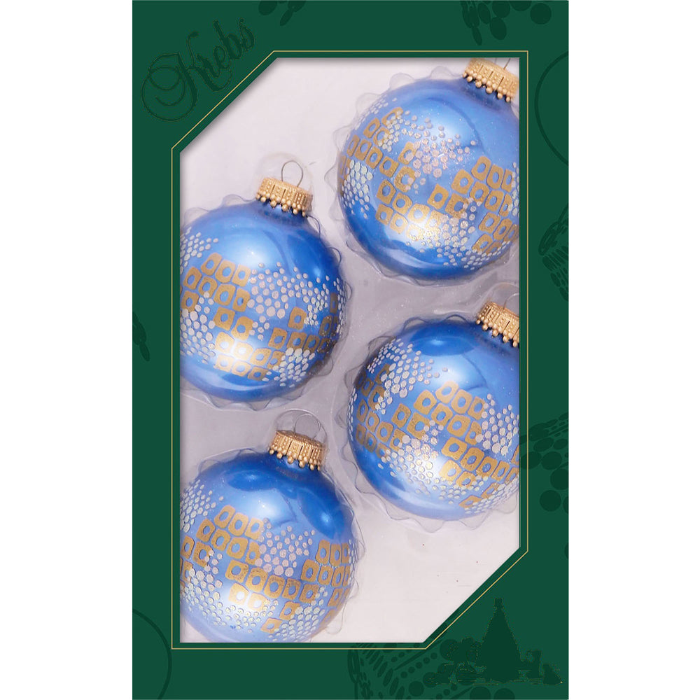 Glass Christmas Tree Ornaments - 67mm/2.63" [4 Pieces] Decorated Balls from Christmas by Krebs Seamless Hanging Holiday Decor (Shiny Blue Jay with Squares and Circles)