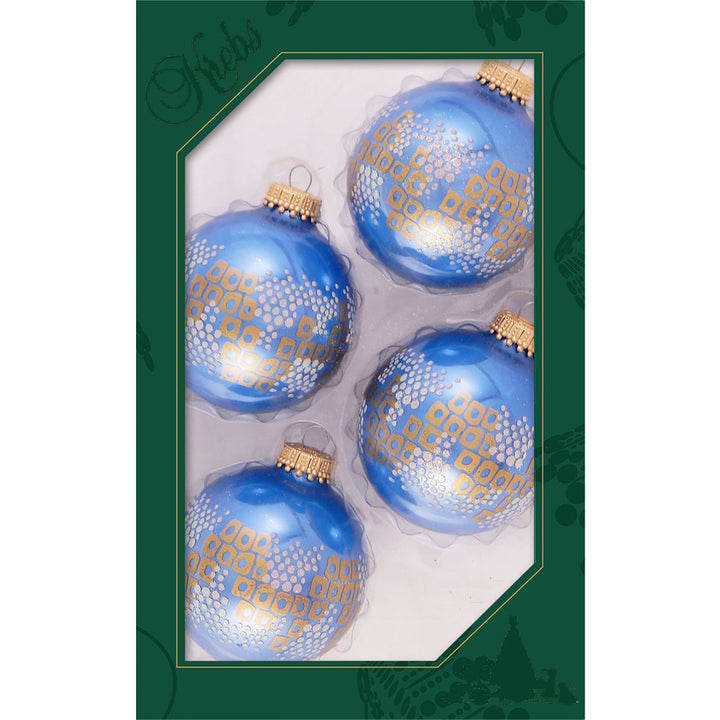 Glass Christmas Tree Ornaments - 67mm/2.63" [4 Pieces] Decorated Balls from Christmas by Krebs Seamless Hanging Holiday Decor (Shiny Blue Jay with Squares and Circles)