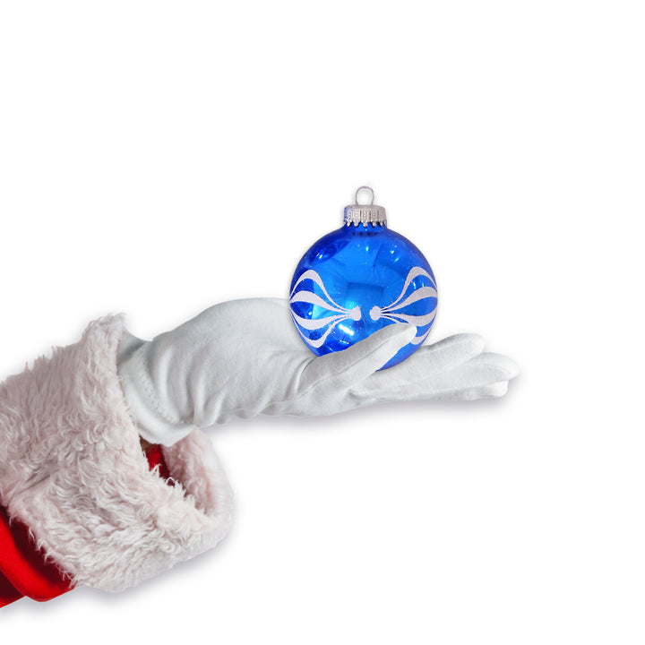 Glass Christmas Tree Ornaments - 67mm/2.63" [4 Pieces] Decorated Balls from Christmas by Krebs Seamless Hanging Holiday Decor (Classic Blue Shine with White Finial Ripples)