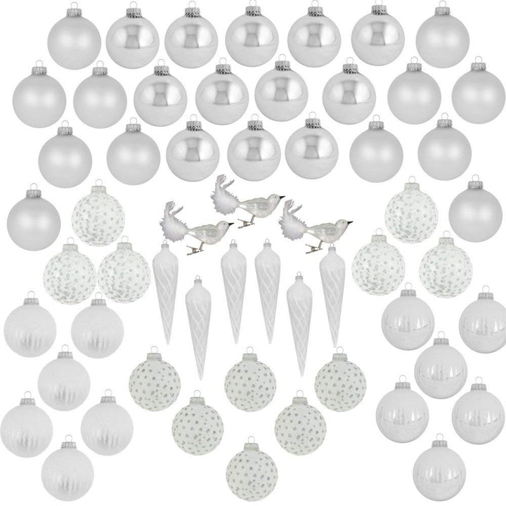67 Piece Classic Silver Glass Ornaments Christmas Tree Decorating Kit