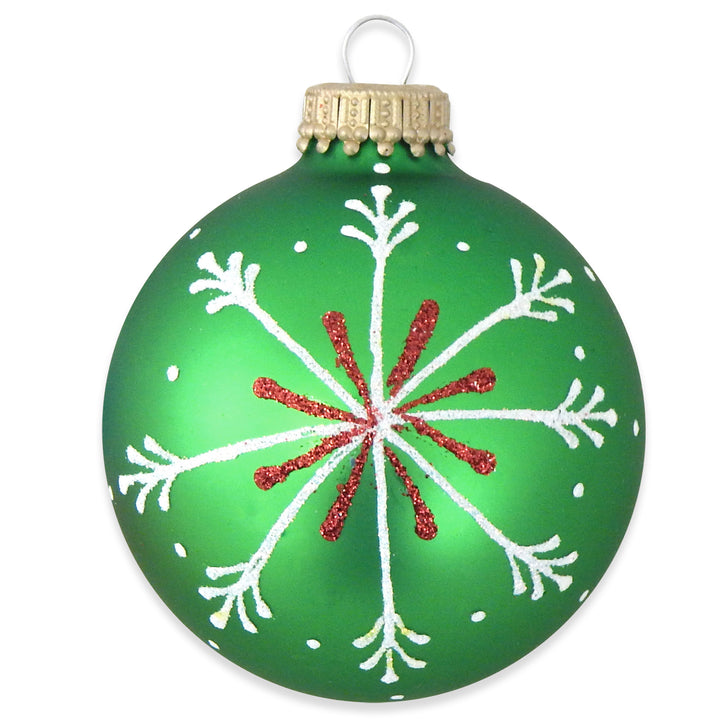 Glass Christmas Tree Ornaments - 67mm/2.625" [4 Pieces] Decorated Balls from Christmas by Krebs Seamless Hanging Holiday Decor (Silver Pearl, Red & Green Velvet with Thin Snowflakes)