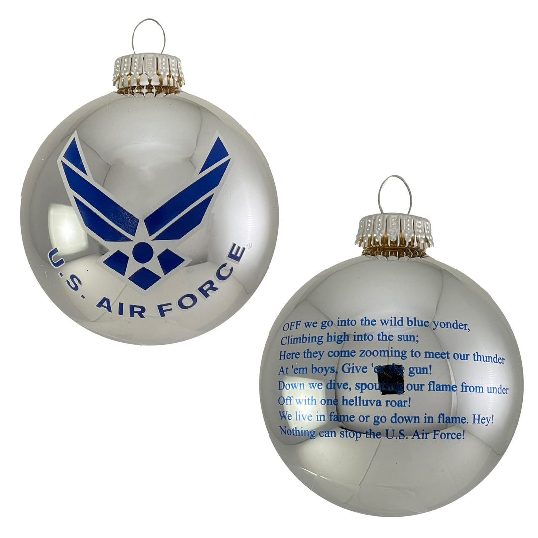 Christmas Tree Ornaments Made in the USA - 80mm / 3.25" Decorated Collectible Glass Balls from Christmas by Krebs - Handmade Hanging Holiday Decoration for Trees (USAF Logo & Hymn, Silver)