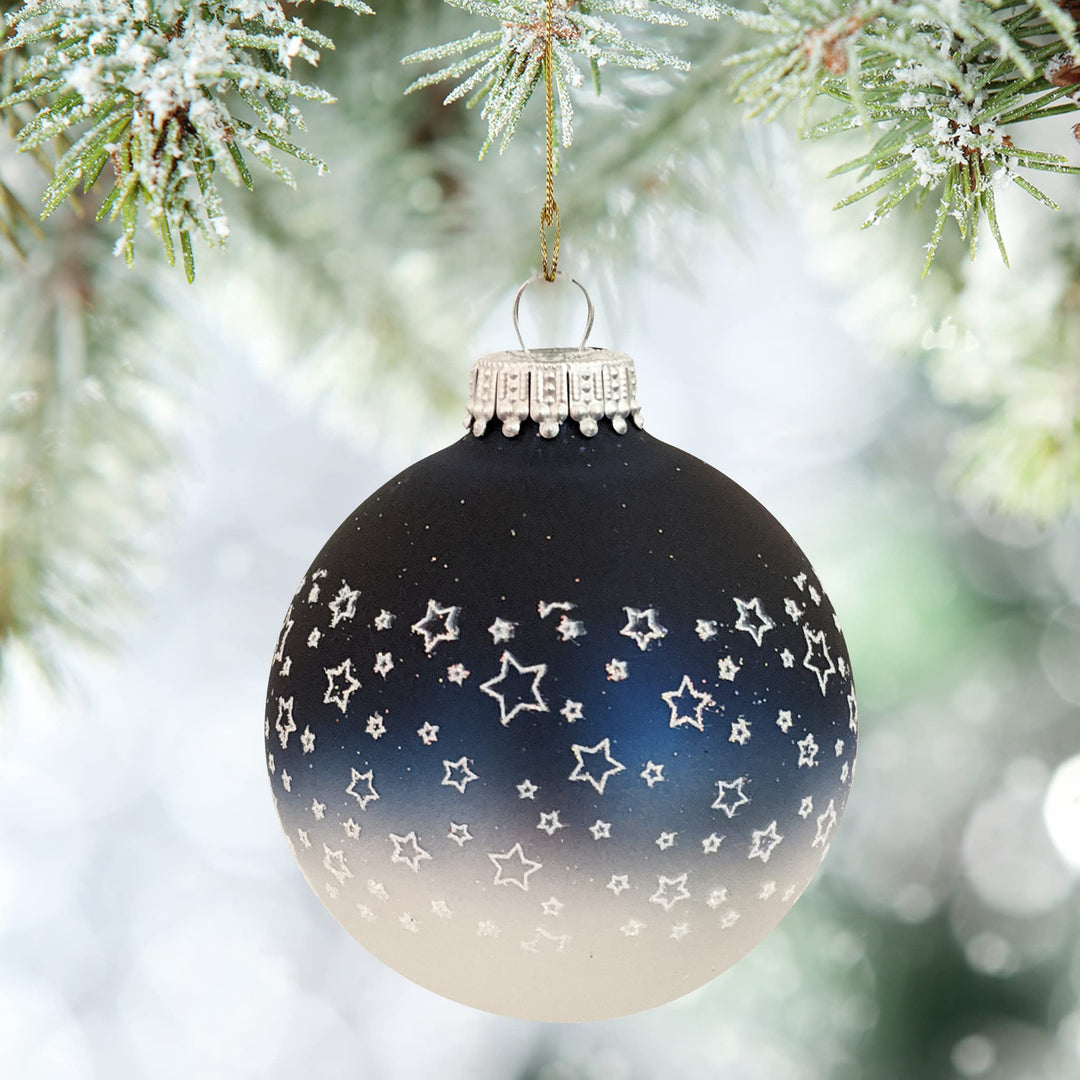 Glass Christmas Tree Ornaments - 67mm/2.63" [4 Pieces] Decorated Balls from Christmas by Krebs Seamless Hanging Holiday Decor (Blue & Silver w/ White Glitter Star Band)