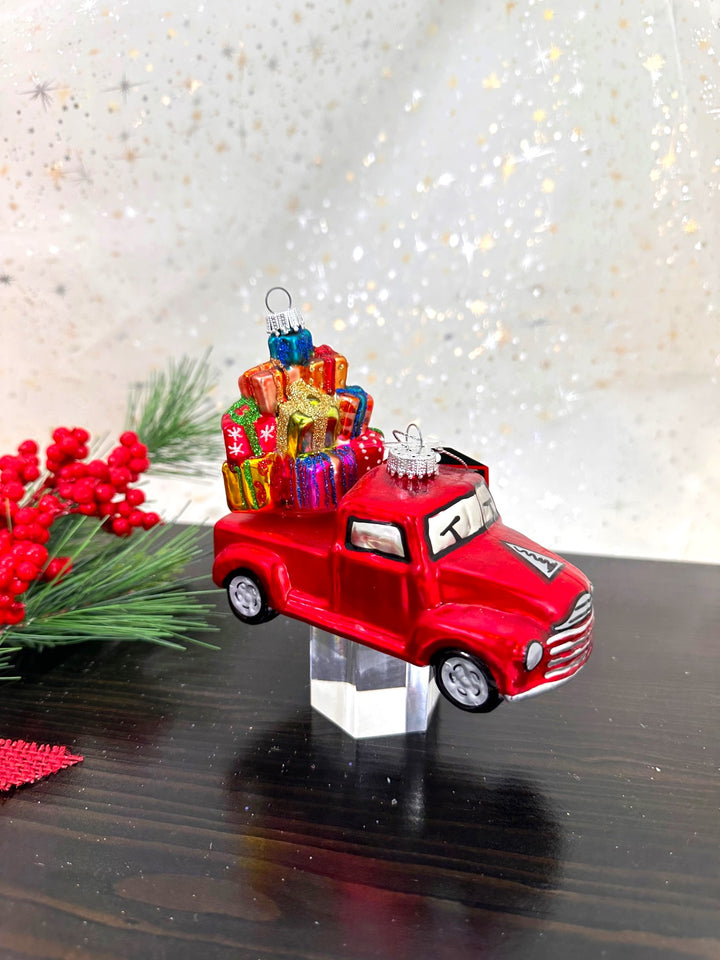Krebs Designer Glass Vintage Pickup with Tree Figurine Christmas Holiday Ornament, 3 1/4" (80mm)