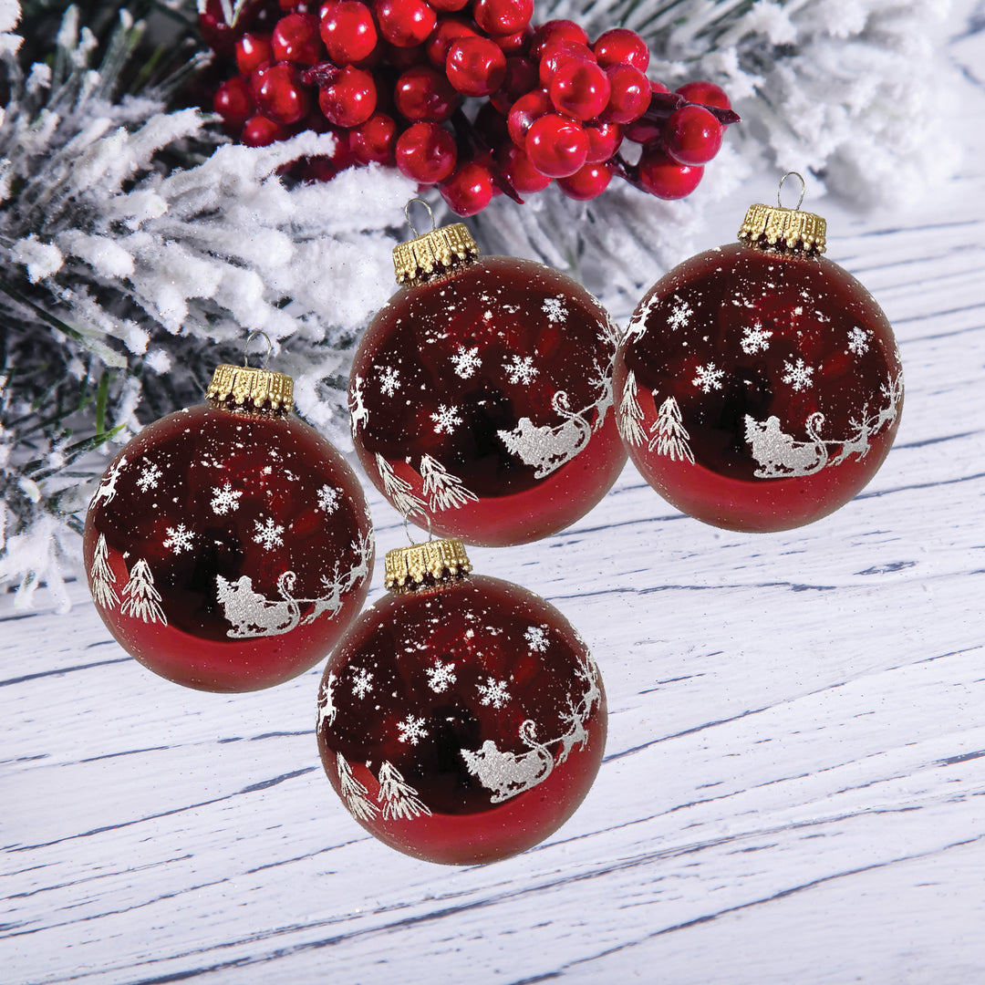 Glass Christmas Tree Ornaments - 67mm/2.63" [4 Pieces] Decorated Balls from Christmas by Krebs Seamless Hanging Holiday Decor (Christmas Red with Flying Santa Sleigh)