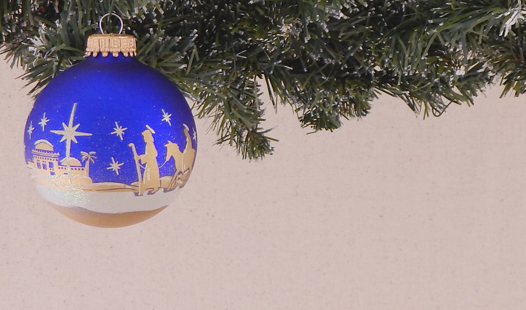Glass Christmas Tree Ornaments - 67mm/2.63" [4 Pieces] Decorated Balls from Christmas by Krebs Seamless Hanging Holiday Decor (Blue Velvet with Bethlehem Scene)