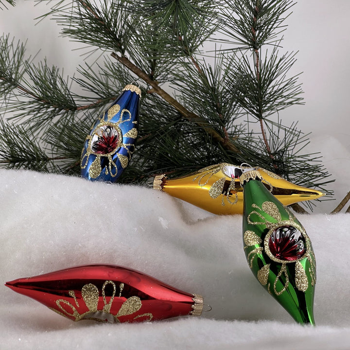 Glass Christmas Tree Ornaments - 67mm/2.63" [4 Pieces] Decorated Balls from Christmas by Krebs Seamless Hanging Holiday Decor (Traditional Colors 4" Finial Reflectors)