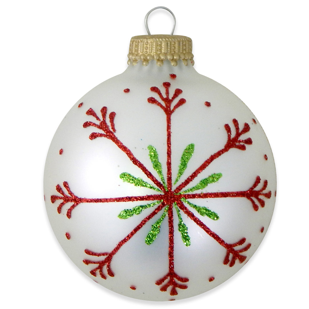 Glass Christmas Tree Ornaments - 67mm/2.625" [4 Pieces] Decorated Balls from Christmas by Krebs Seamless Hanging Holiday Decor (Silver Pearl, Red & Green Velvet with Thin Snowflakes)
