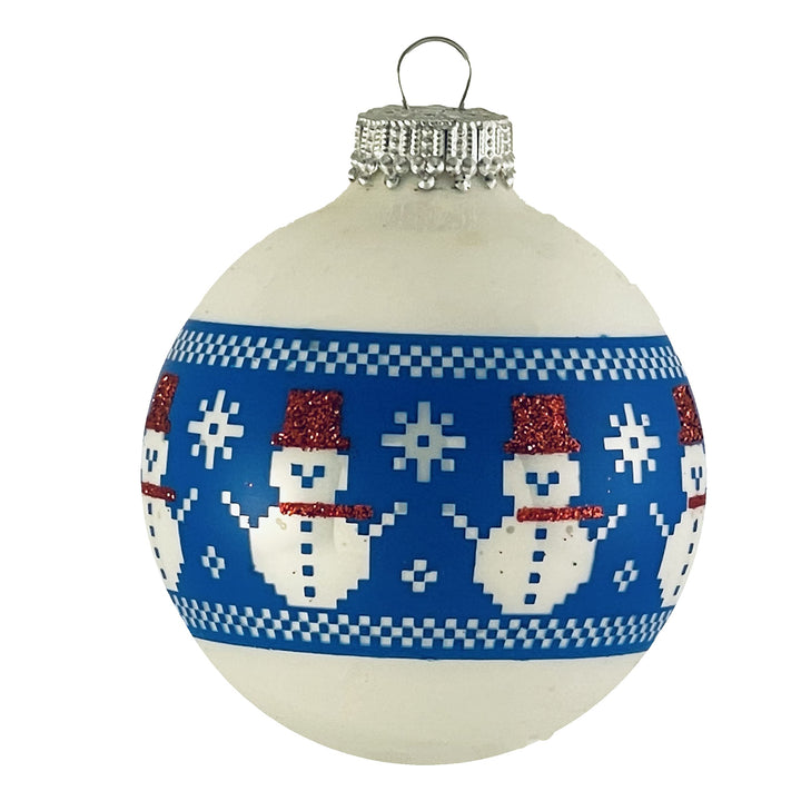 Glass Christmas Tree Ornaments - 67mm/2.63" [4 Pieces] Decorated Balls from Christmas by Krebs Seamless Hanging Holiday Decor (Porcelain White with Stiched Snowman Band)