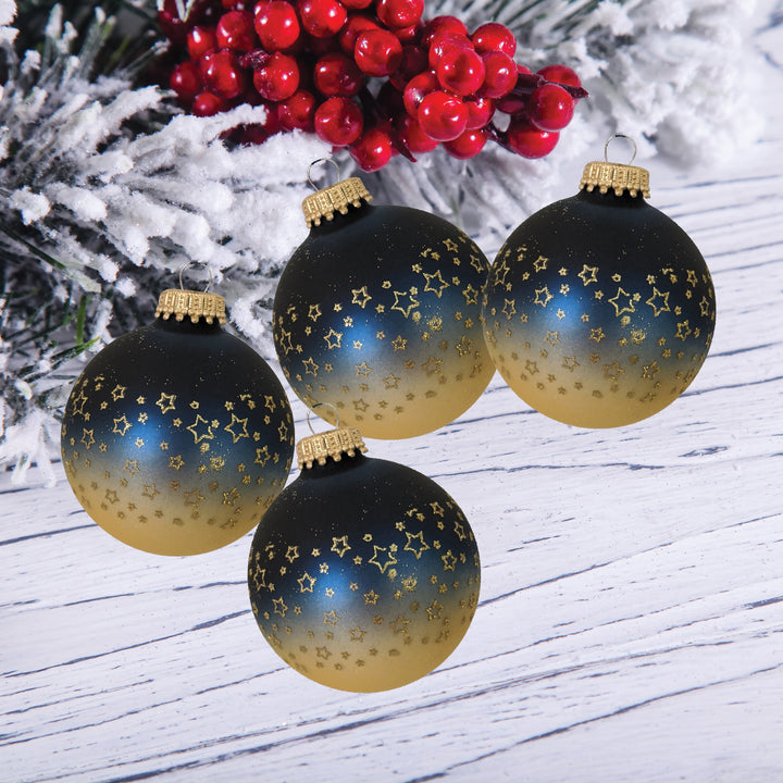 Glass Christmas Tree Ornaments - 67mm/2.63" [4 Pieces] Decorated Balls from Christmas by Krebs Seamless Hanging Holiday Decor (Midnight Haze Blue and Chiffon Gold With Stars)