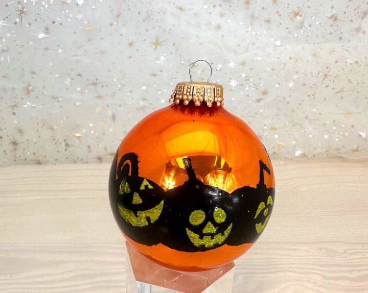 Halloween Tree Ornaments - 67mm/2.625" Decorated Glass Balls from Christmas by Krebs - Handmade Seamless Hanging Holiday Decorations for Trees - Set of 4 (Shiny Orange Crush with Jack-O-Lanters)