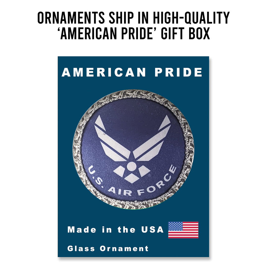 Christmas Tree Ornaments Made in the USA - 80mm / 3.25" Decorated Collectible Glass Balls from Christmas by Krebs - Handmade Hanging Holiday Decoration for Trees (USAF Logo and Hymn, Silk)