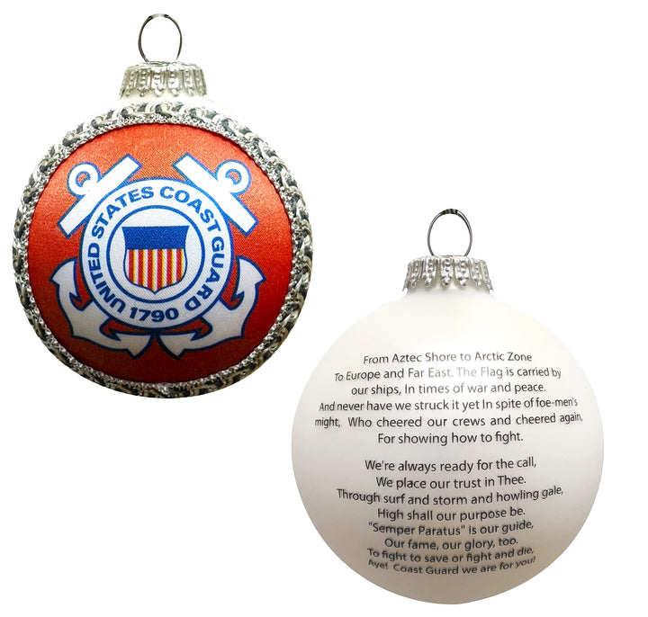 Christmas Tree Ornaments Made in the USA - 80mm / 3.25" Decorated Collectible Glass Balls from Christmas by Krebs - Handmade Hanging Holiday Decoration for Trees (USCG Logo & Hymn, Silk)