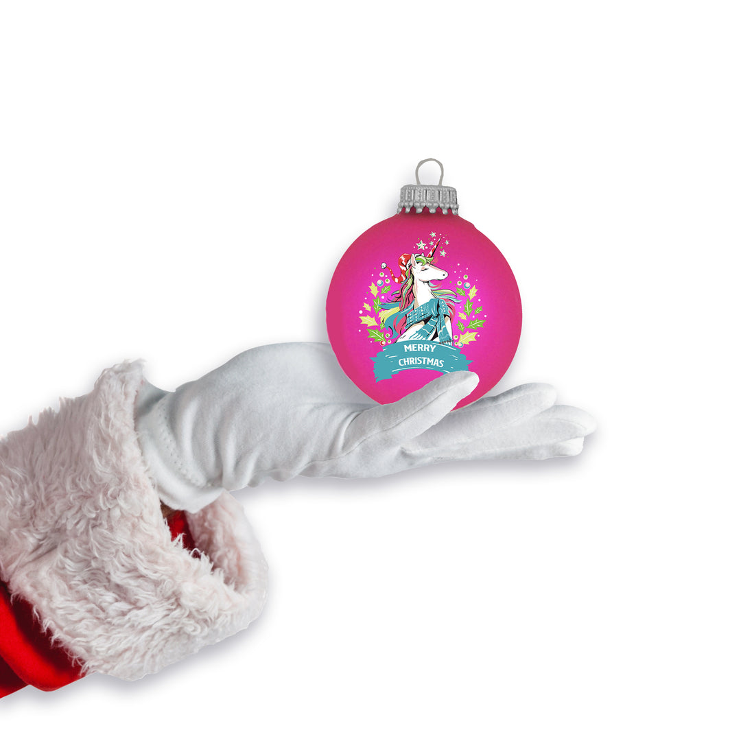 Glass Christmas Tree Ornaments - 67mm/2.625" [4 Pieces] Decorated Balls from Christmas by Krebs Seamless Hanging Holiday Decor (Bubblegum Velvet with Holiday Unicorn)