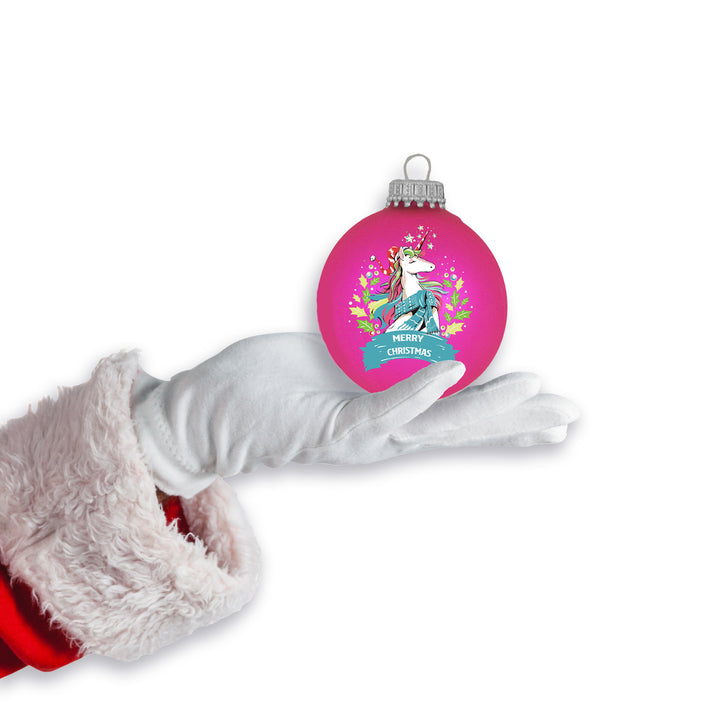 Glass Christmas Tree Ornaments - 67mm/2.625" [4 Pieces] Decorated Balls from Christmas by Krebs Seamless Hanging Holiday Decor (Bubblegum Velvet with Holiday Unicorn)