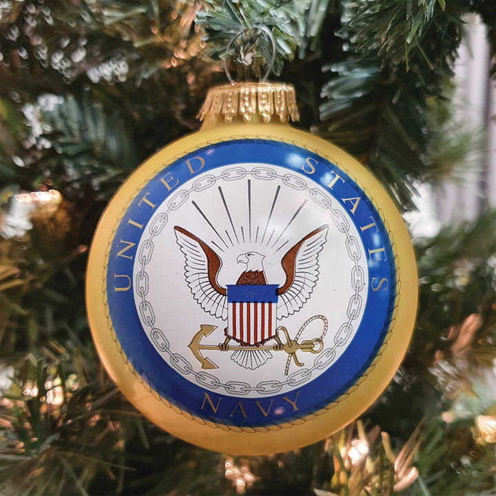 Christmas Tree Ornaments Made in the USA - 80mm / 3.25" Decorated Collectible Glass Balls from Christmas by Krebs - Handmade Hanging Holiday Decoration for Trees (USN Logo & Hymn, Matte)