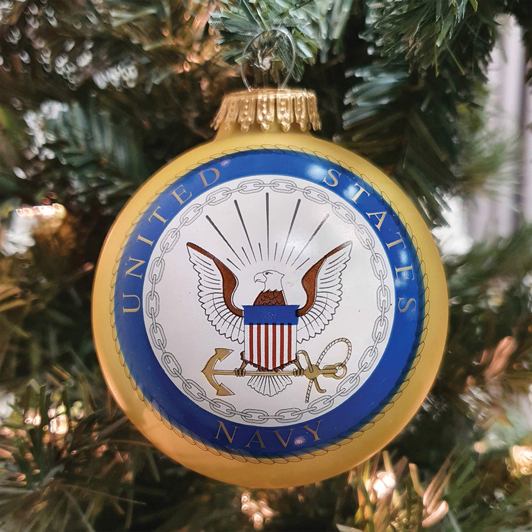 Christmas Tree Ornaments Made in the USA - 80mm / 3.25" Decorated Collectible Glass Balls from Christmas by Krebs - Handmade Hanging Holiday Decoration for Trees (USN Logo & Hymn, Matte)