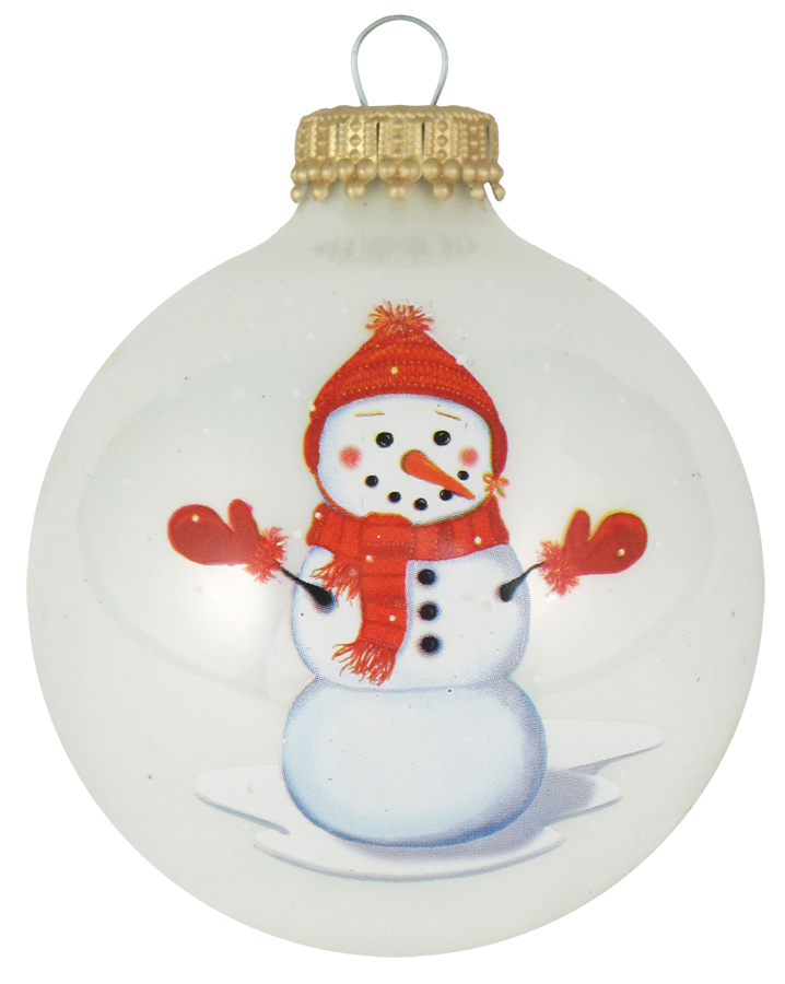 Glass Christmas Tree Ornaments - 67mm/2.63" [4 Pieces] Decorated Balls from Christmas by Krebs Seamless Hanging Holiday Decor (Porcelain White and Flame Red with Snowman)