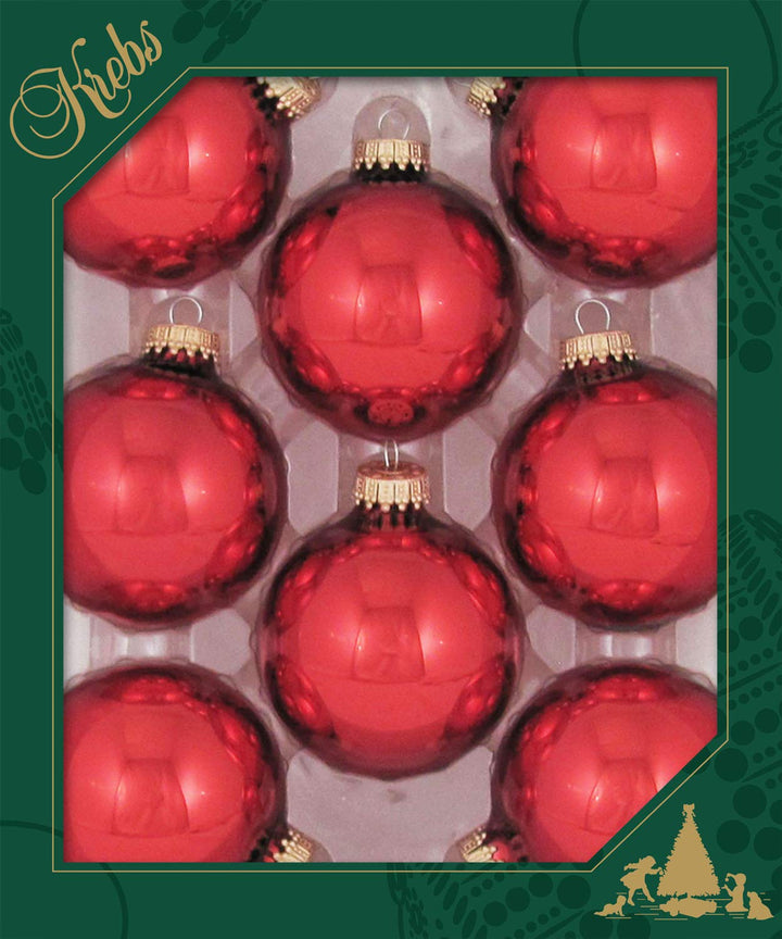 Christmas By Krebs Made in The USA Designer Seamless Glass Christmas Ball Ornaments, 2 5/8" (67mm), 8 Pieces (Shiny Christmas Red)