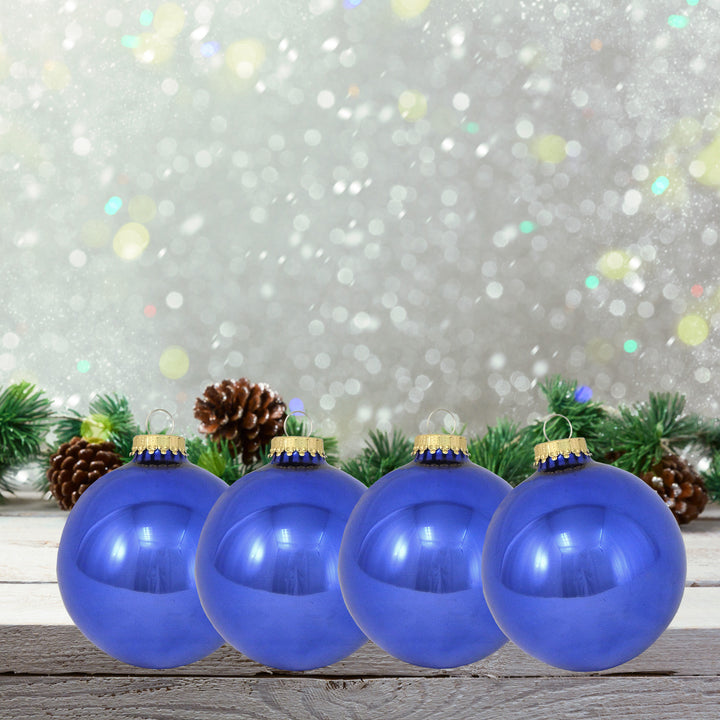 Glass Christmas Tree Ornaments - 80mm / 3.25" [4 Pieces] Designer Balls from Christmas By Krebs Seamless Hanging Holiday Decor (Victoria Blue Shine)