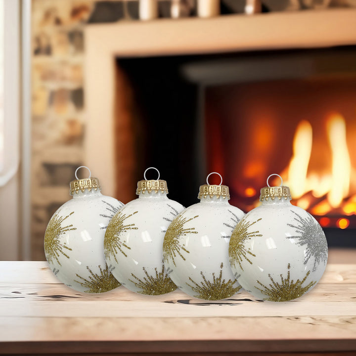 Glass Christmas Tree Ornaments - 67mm/2.63" [4 Pieces] Decorated Balls from Christmas by Krebs Seamless Hanging Holiday Decor (Porcelain White with Silver & Gold Starlight)