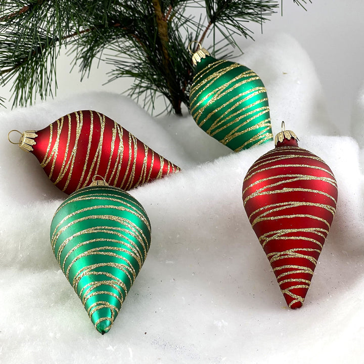 Glass Christmas Tree Ornaments - 67mm/2.63" [4 Pieces] Decorated Balls from Christmas by Krebs Seamless Hanging Holiday Decor (Red and Green Velvet 4" Drops with Tangles)