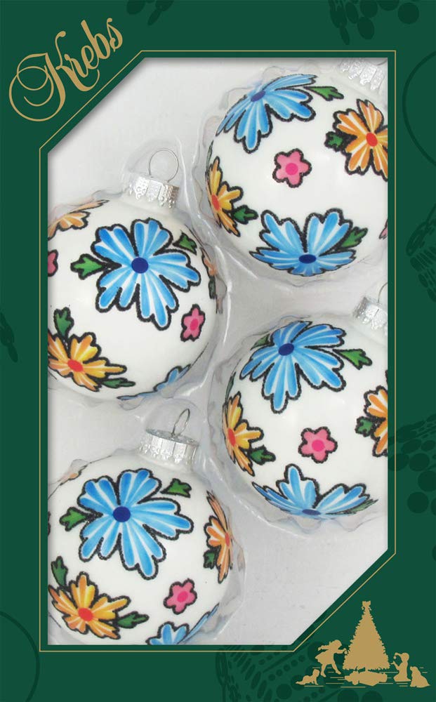 Glass Christmas Tree Ornaments - 67mm/2.63" [4 Pieces] Decorated Balls from Christmas by Krebs Seamless Hanging Holiday Decor (Porcelain White with Boho Flowers)