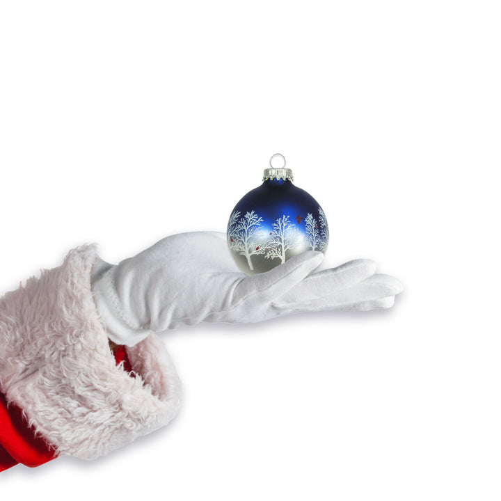 Glass Christmas Tree Ornaments - 67mm/2.63" Designer Balls from Christmas by Krebs - Seamless Hanging Holiday Decorations for Trees - Set of 12 Ornaments (Silver and Blue with Trees and Cardinals)