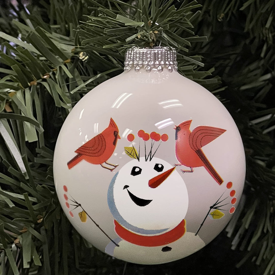 Glass Christmas Tree Ornaments - 67mm/2.625" [4 Pieces] Decorated Balls from Christmas by Krebs Seamless Hanging Holiday Decor (Porcelain White with Cardinals and Snowman)