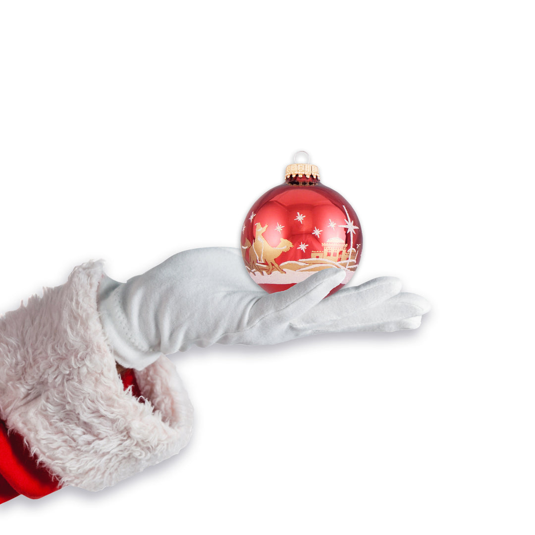 Glass Christmas Tree Ornaments - 67mm/2.63" [4 Pieces] Decorated Balls from Christmas by Krebs Seamless Hanging Holiday Decor (Christmas Red with Bethlehem Scene)