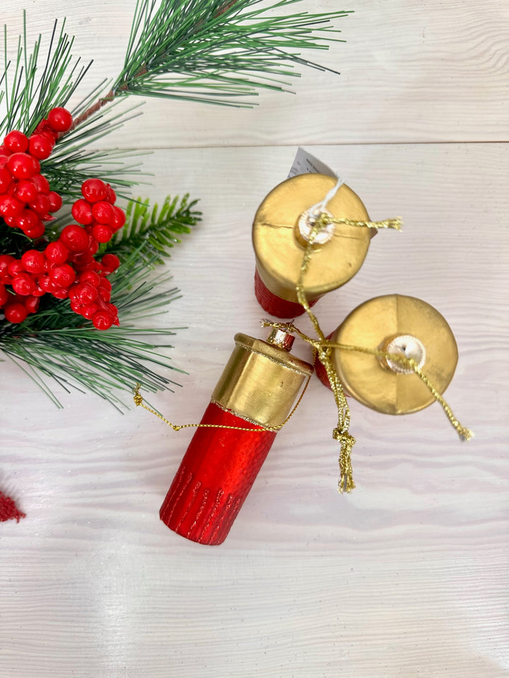 Christmas By Krebs Blown Glass  Collectible Tree Ornaments  (7" Red Shotgun 3 Shell Cluster)