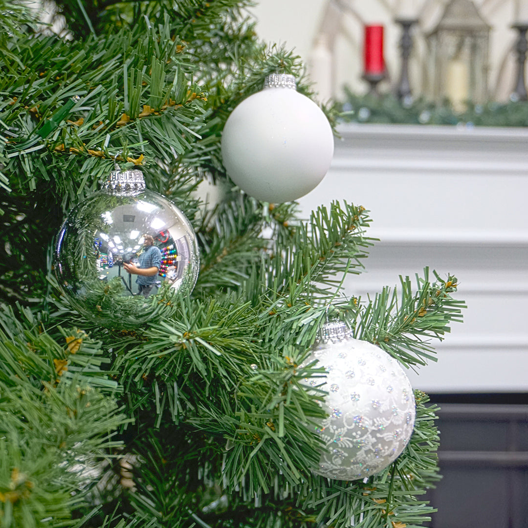 Glass Christmas Tree Ornaments - 67mm/2.63" Designer Balls from Christmas by Krebs - Seamless Hanging Holiday Decorations for Trees - Set of 12 Ornaments (Silver & White w/ Lace and Sparkles)