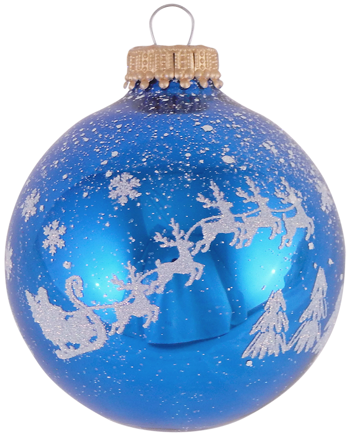 Glass Christmas Tree Ornaments - 67mm/2.63" [4 Pieces] Decorated Balls from Christmas by Krebs Seamless Hanging Holiday Decor (Classic Blue Shine with Santa Sleigh)