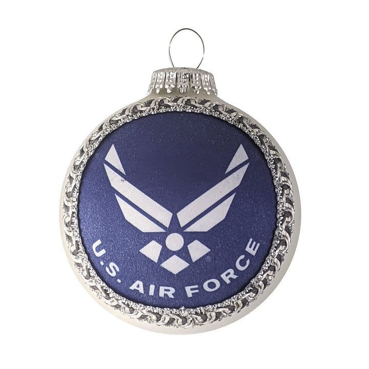 Christmas Tree Ornaments Made in the USA - 80mm / 3.25" Decorated Collectible Glass Balls from Christmas by Krebs - Handmade Hanging Holiday Decoration for Trees (USAF Logo and Hymn, Silk)