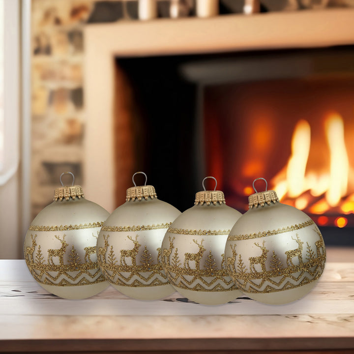 Glass Christmas Tree Ornaments - 67mm/2.63" [4 Pieces] Decorated Balls from Christmas by Krebs Seamless Hanging Holiday Decor (Oyster Velvet with Gold Sweater Band)