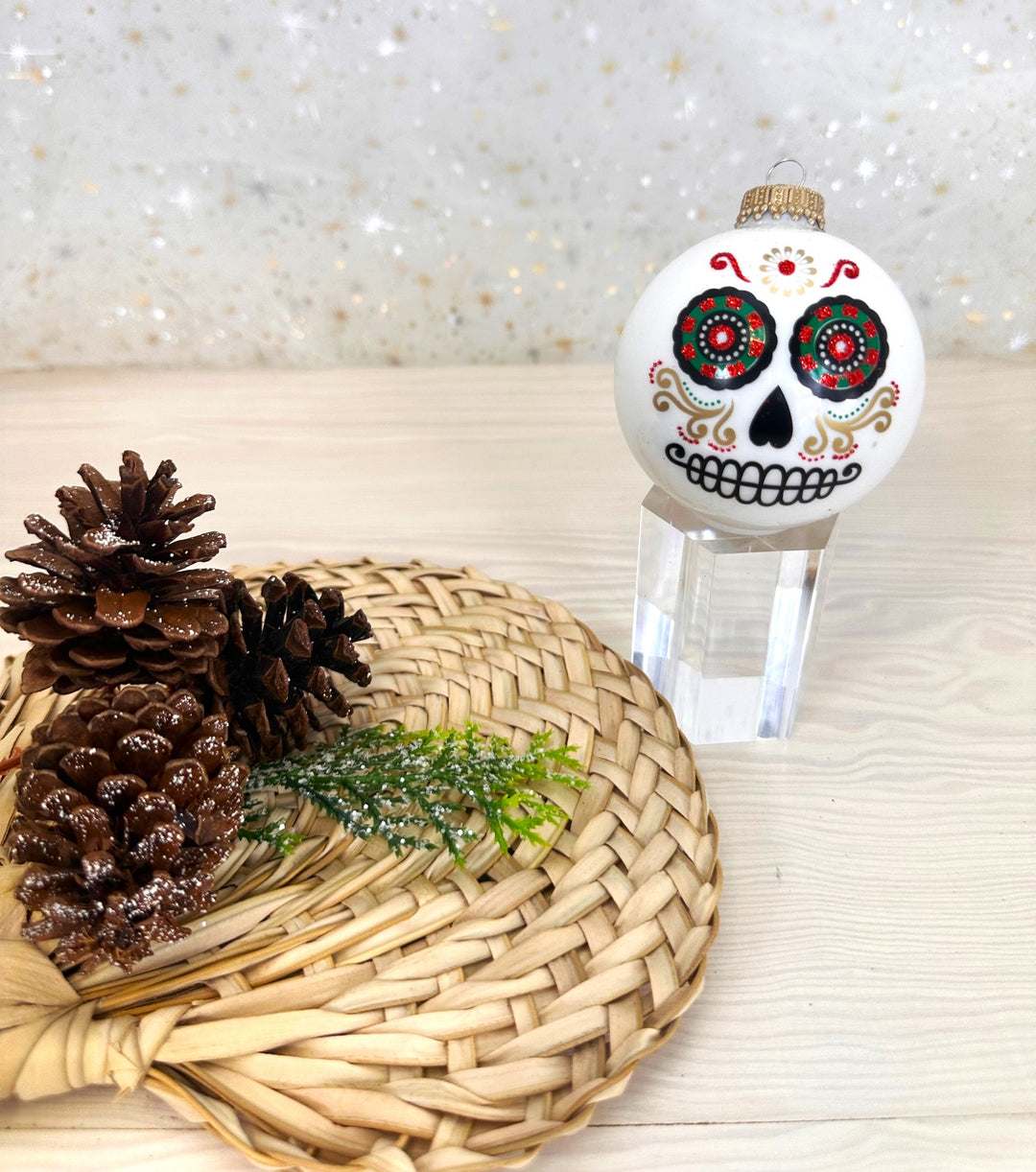 Halloween Tree Ornaments - 67mm/2.625" Decorated Glass Balls from Christmas by Krebs - Handmade Seamless Hanging Holiday Decorations for Trees - Set of 4 (Shiny Porcelain White with Day of the Dead)