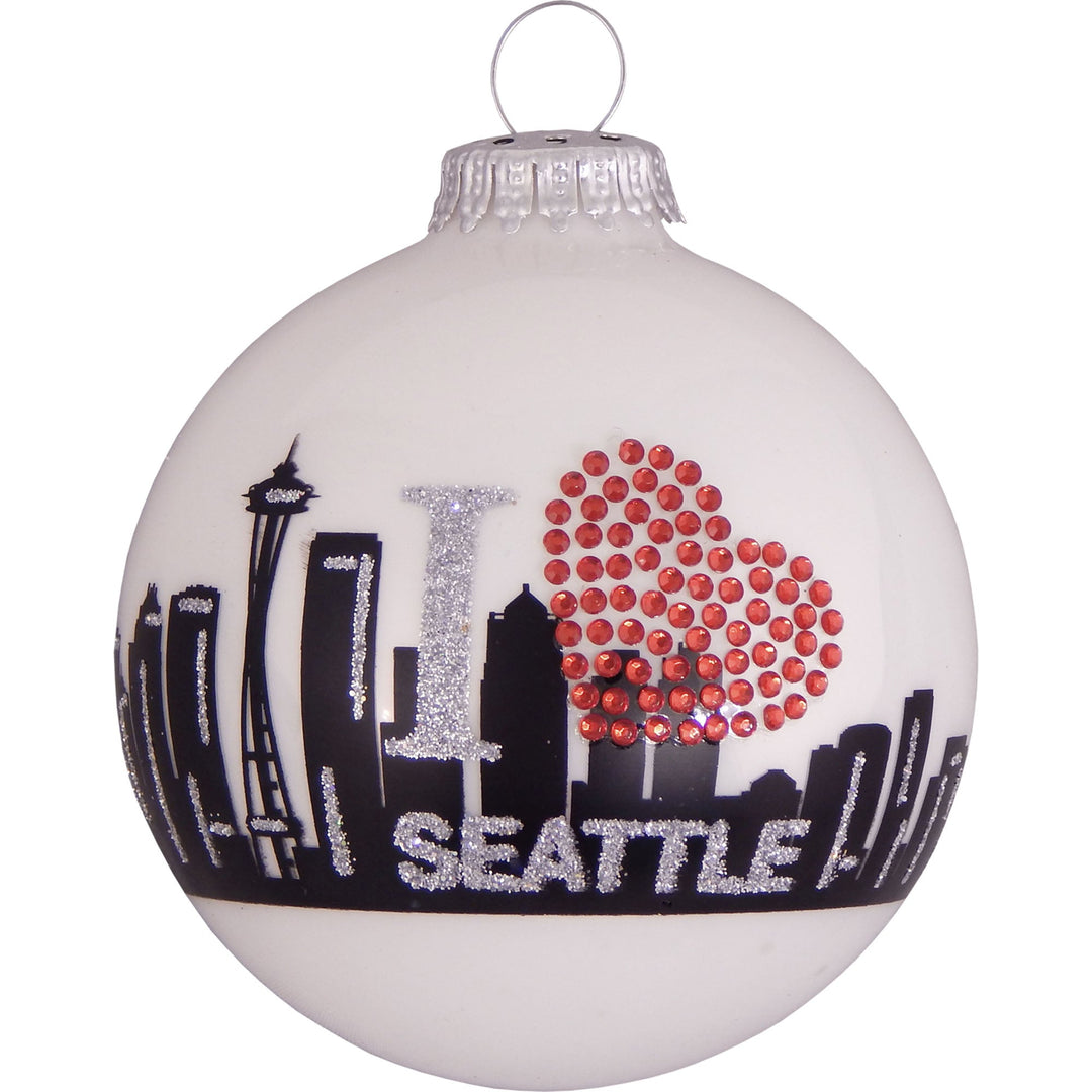 3 1/4" Pearl White "I Heart Seattle" City Skyline Glass Ornaments