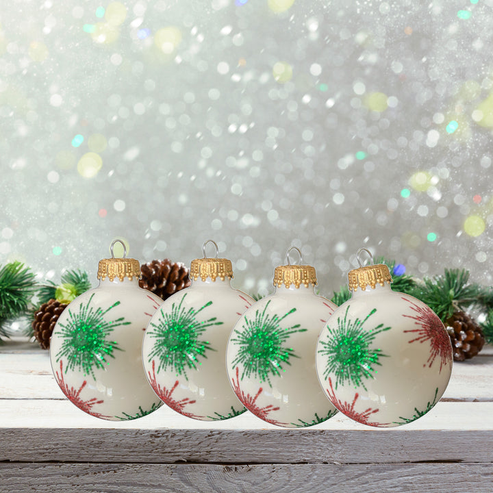 Glass Christmas Tree Ornaments - 67mm/2.63" [4 Pieces] Decorated Balls from Christmas by Krebs Seamless Hanging Holiday Decor (Porcelain White with Red & Green Starlight)