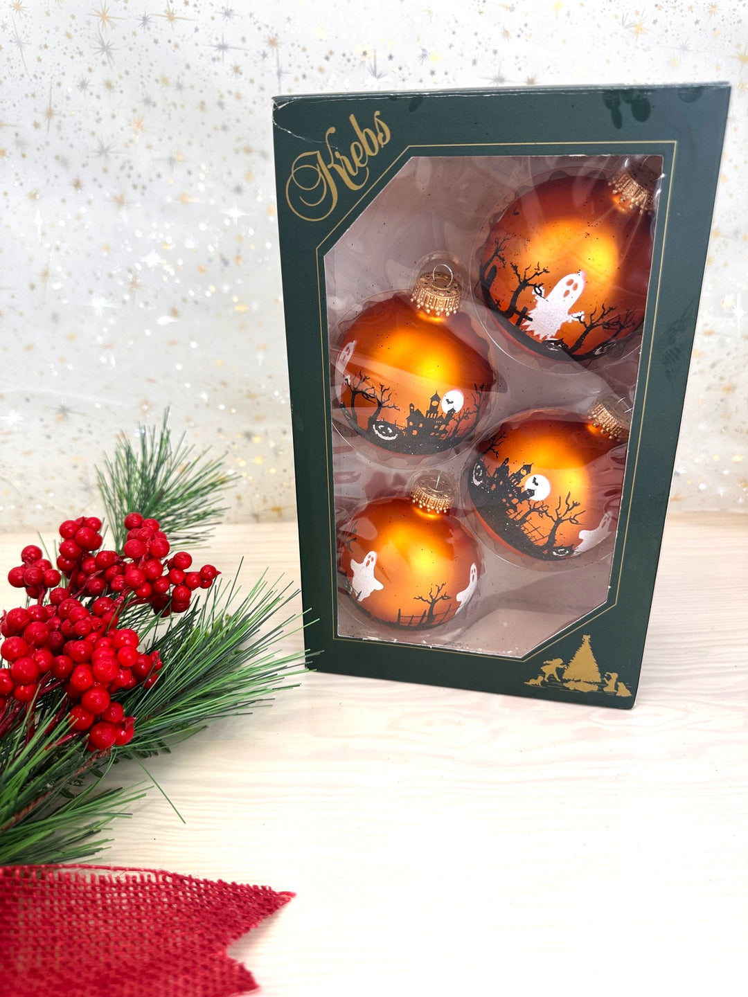 Halloween Tree Ornaments - 67mm/2.625" Decorated Glass Balls from Christmas by Krebs - Handmade Seamless Hanging Holiday Decorations for Trees - Set of 4 (Velvet Wildfire Orange with Graveyard)