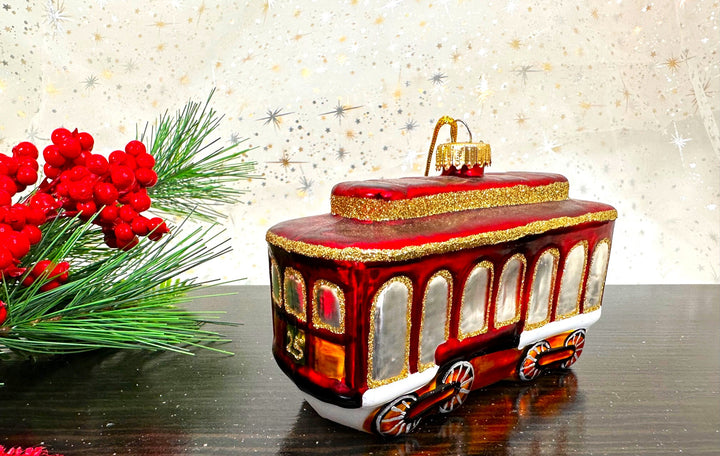 Christmas By Krebs Blown Glass  Collectible Tree Ornaments  (4.75" Trolley Car)