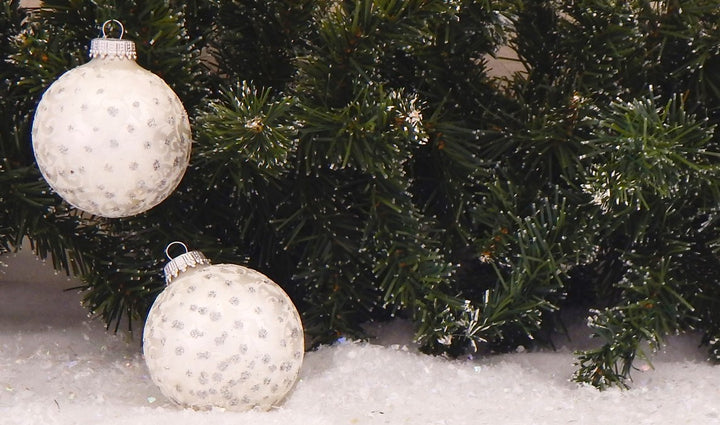 Glass Christmas Tree Ornaments - 67mm/2.63" [4 Pieces] Decorated Balls from Christmas by Krebs Seamless Hanging Holiday Decor (Silver Pearl with Lace and Silver Sparkles)