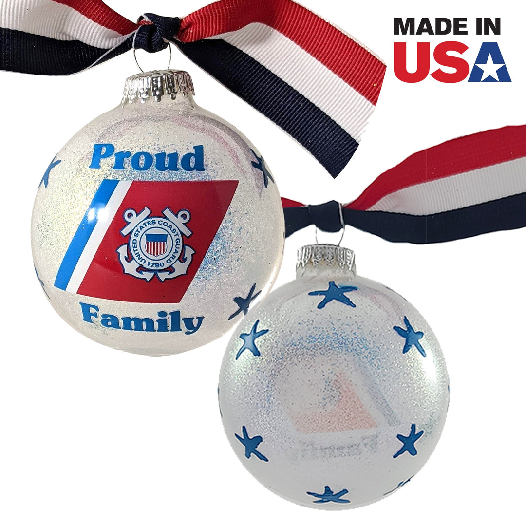 Christmas Tree Ornaments Made in the USA - 80mm / 3.25" Decorated Collectible Glass Balls from Christmas by Krebs - Handmade Hanging Holiday Decoration for Trees (HUGS Proud Coast Guard Family)