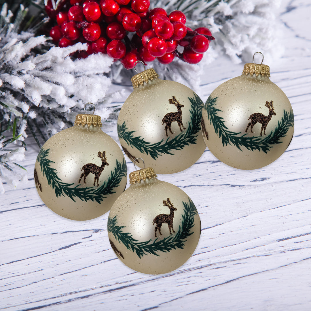 Glass Christmas Tree Ornaments - 67mm/2.63" [4 Pieces] Decorated Balls from Christmas by Krebs Seamless Hanging Holiday Decor (Oyster Velvet w/ Brown Deer & Garland)