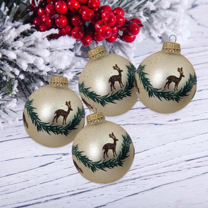 Glass Christmas Tree Ornaments - 67mm/2.63" [4 Pieces] Decorated Balls from Christmas by Krebs Seamless Hanging Holiday Decor (Oyster Velvet w/ Brown Deer & Garland)