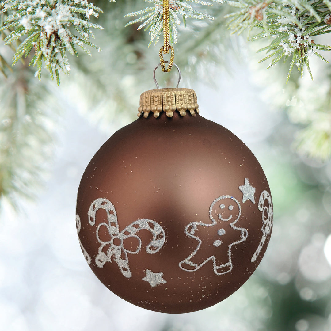 Glass Christmas Tree Ornaments - 67mm/2.625" [4 Pieces] Decorated Balls from Christmas by Krebs Seamless Hanging Holiday Decor (Coconut Brown with White Gingerbread & Candy Canes)