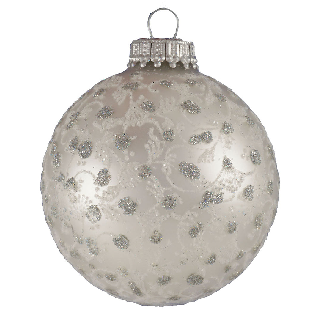 Glass Christmas Tree Ornaments - 67mm/2.63" Designer Balls from Christmas by Krebs - Seamless Hanging Holiday Decorations for Trees - Set of 12 Ornaments (Silver & White w/ Lace and Sparkles)