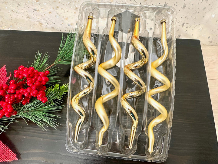 Glass Christmas Tree Ornaments - Decorated from Christmas by Krebs - Handmade Seamless Hanging Holiday Decorations for Trees (7 1/2" Aztec Gold & Gold Velvet Corkscrews [4 Pieces])