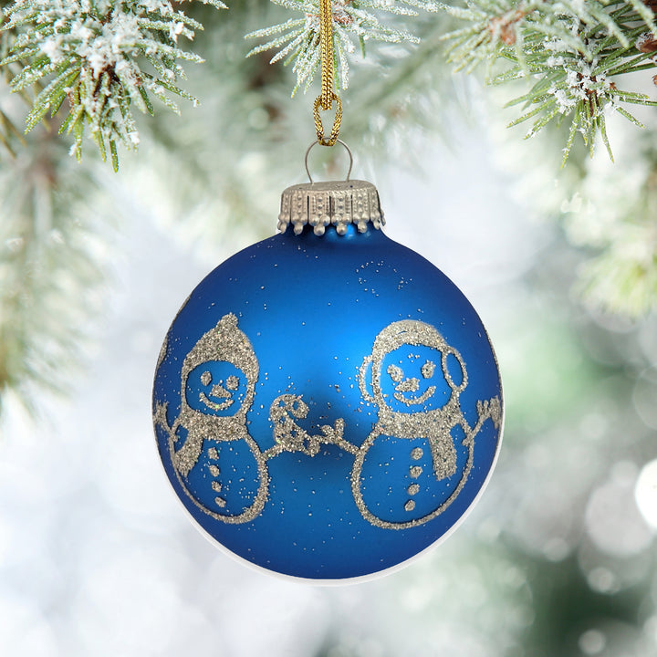 Glass Christmas Tree Ornaments - 67mm/2.625" [4 Pieces] Decorated Balls from Christmas by Krebs Seamless Hanging Holiday Decor (Classic Blue Velvet with Silver Glitter Snowman Band)