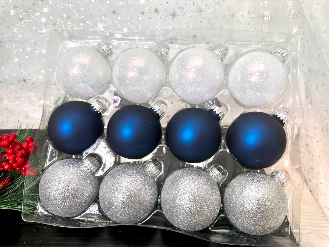 Glass Christmas Tree Ornaments - 67mm/2.63" Designer Balls from Christmas by Krebs - Seamless Hanging Holiday Decorations for Trees - Set of 12 Ornaments (Sparkle White Dark Blue & Glitter Light Blue)
