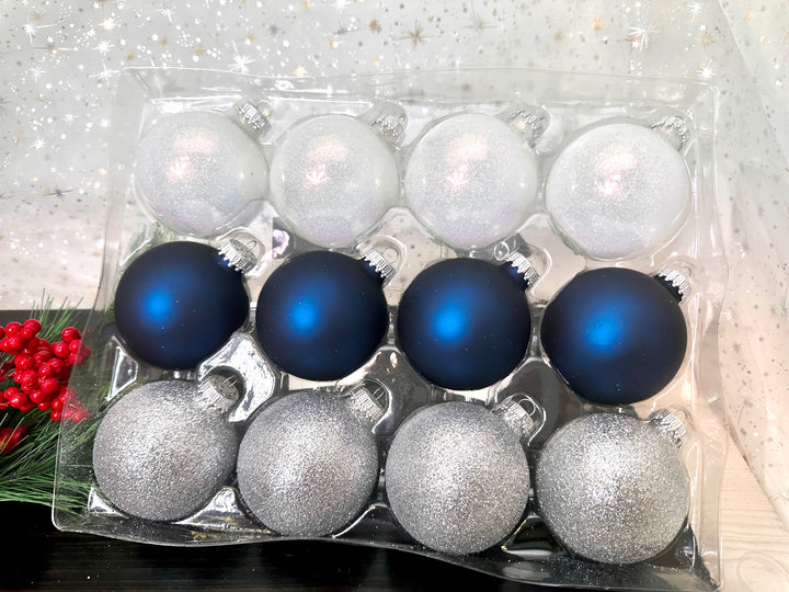 Glass Christmas Tree Ornaments - 67mm/2.63" Designer Balls from Christmas by Krebs - Seamless Hanging Holiday Decorations for Trees - Set of 12 Ornaments (Sparkle White Dark Blue & Glitter Light Blue)